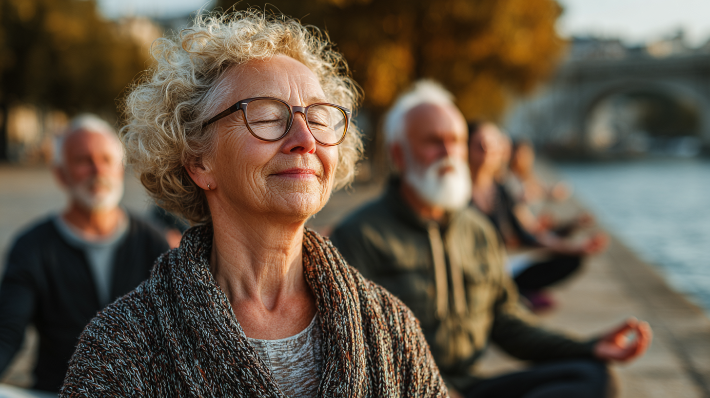 Жінка середнього віку займається йогою в парку